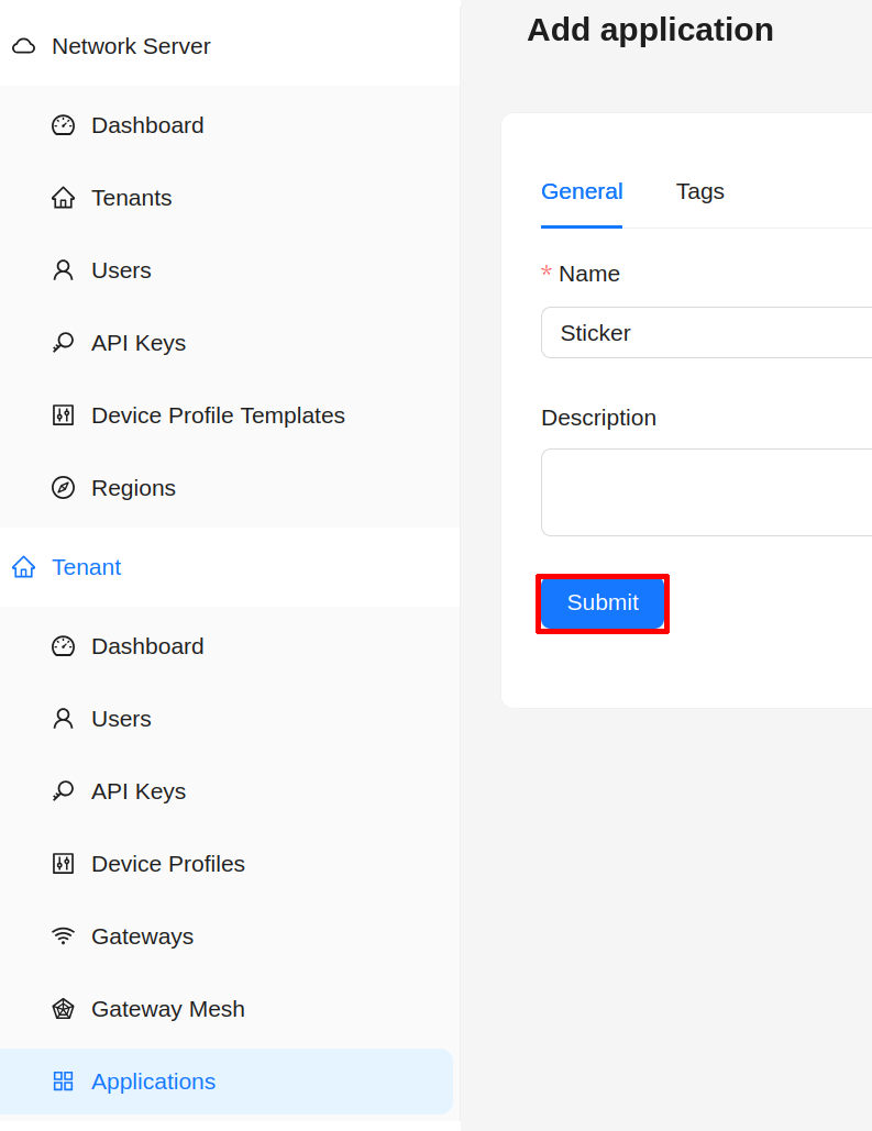 Chirpstack add Application