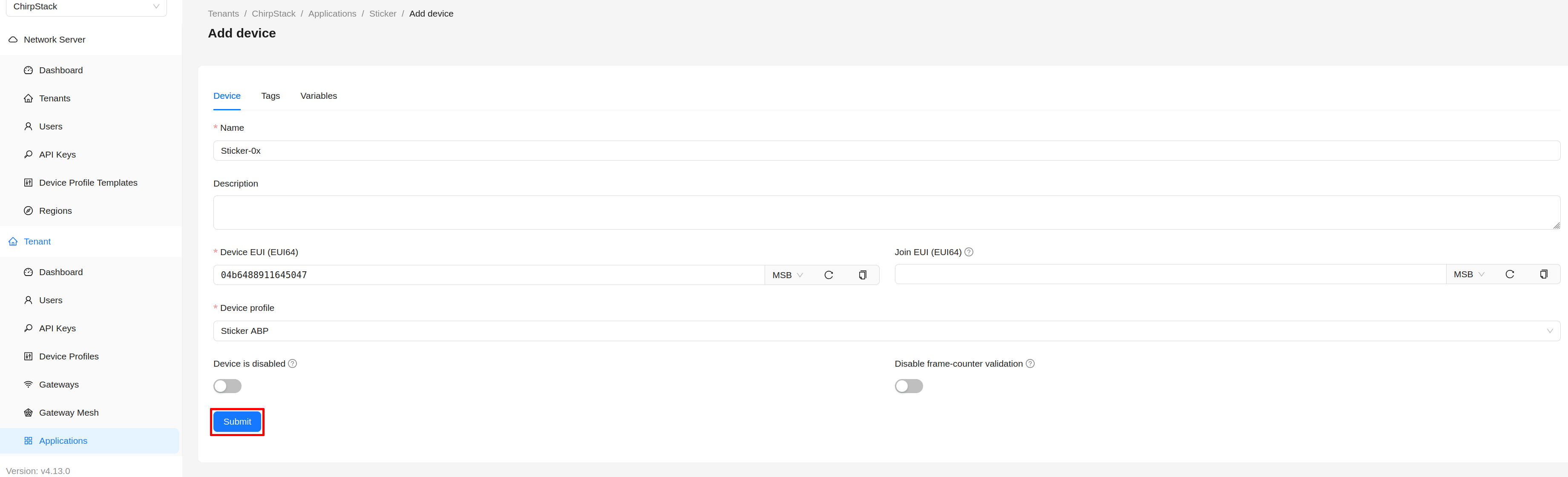 Chirpstack add end device