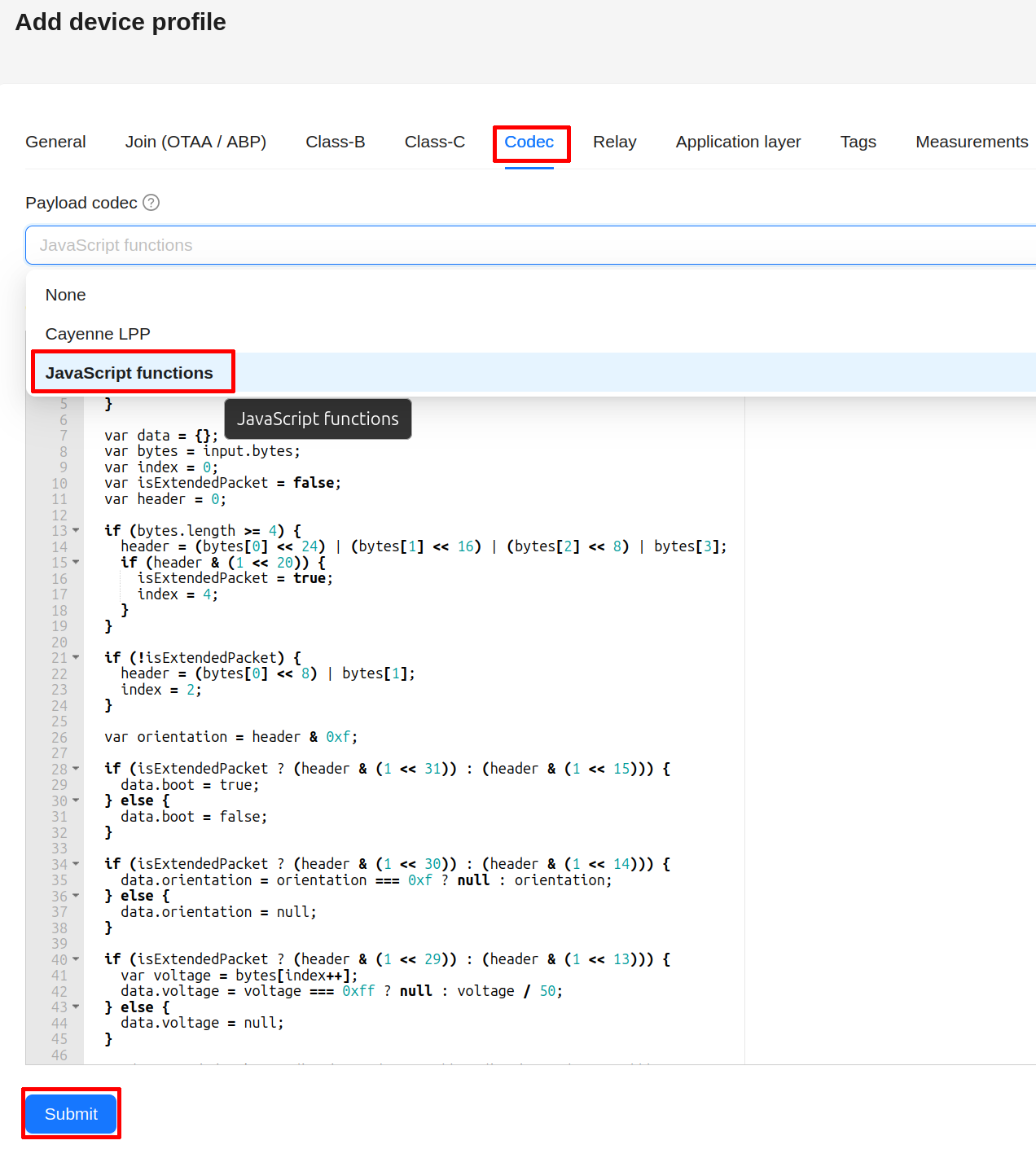 Chirpstack create device codec