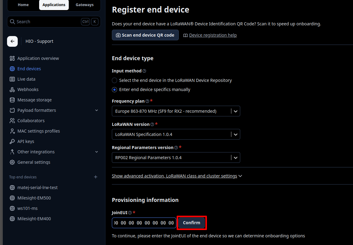 TTS end device type settings